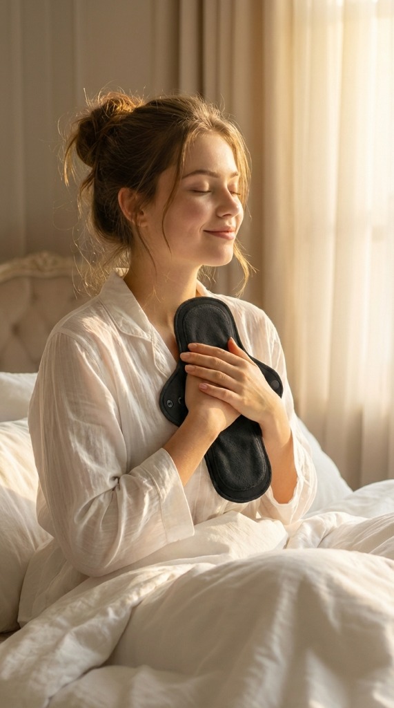 Woman smiling comfortably while holding a FloraSoft bamboo charcoal pad
