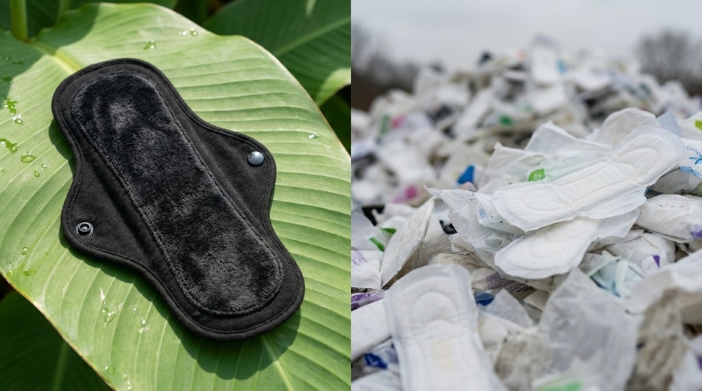 FloraSoft reusable pad on a green leaf vs disposable pad waste in landfill — the sustainable choice