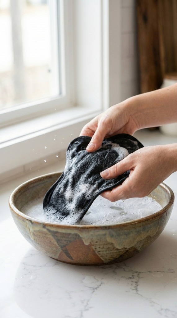 Washing a FloraSoft bamboo charcoal pad in a ceramic bowl