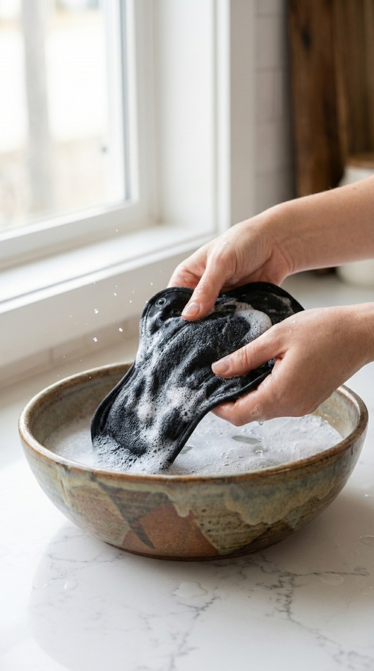 Woman handwashing FloraSoft menstrual pad